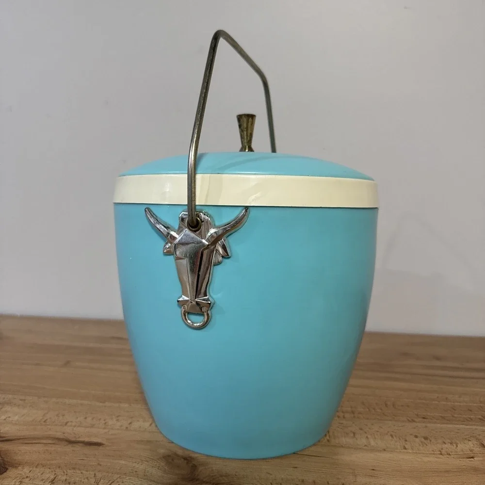 VTG 50's Turquoise Blue Mid Century Gits Ware Ice Bucket Western Bull Atomic